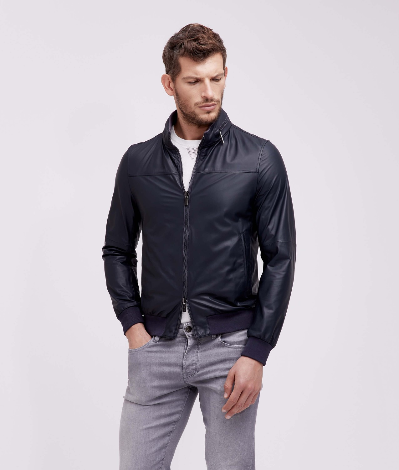 Men's reversible blue leather bomber jacket - Gimo's